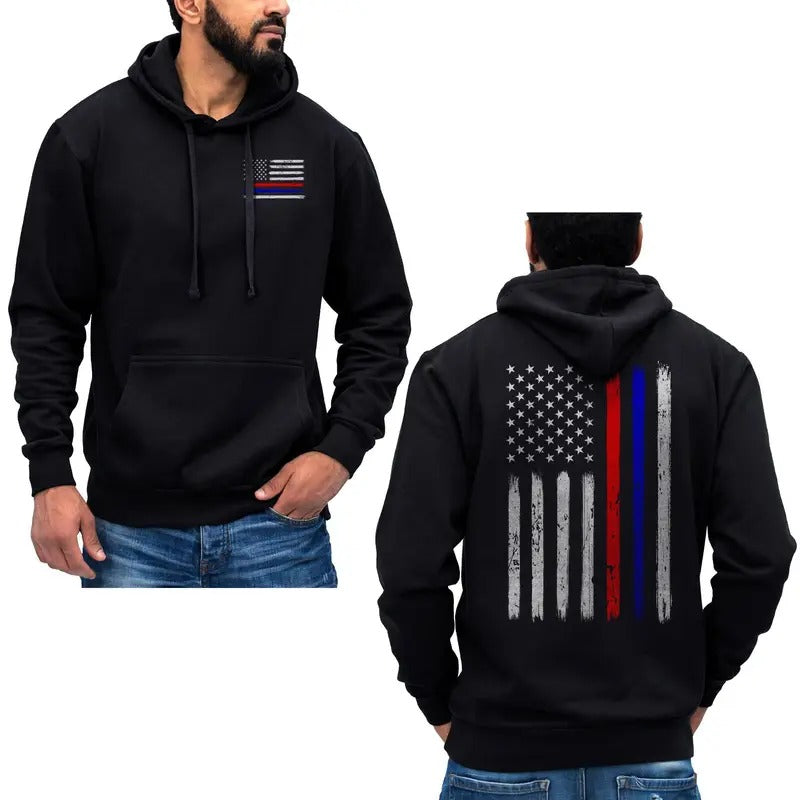 Thin Red & Blue Line Vertical Brushed Flag Police Hoodie Sweatshirt Cotton Fabric T-Shirts | HypeDripTees.com