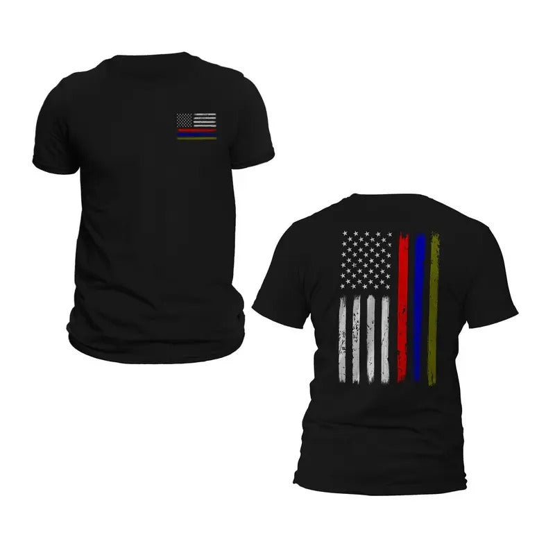 Thin Red Blue Green Line Flag Front & Back Print T-Shirt Casual Crewneck Hoodie, Sweatshirt | HypeDripTees.com