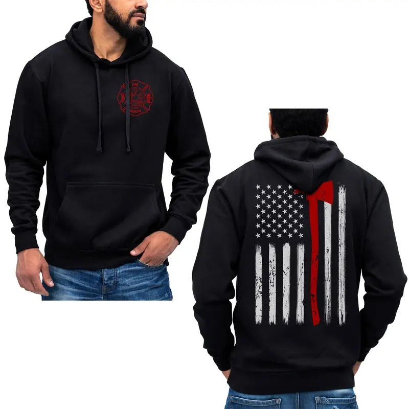 Thin Red Line Flag Axe Design USA Firefighter Hoodie Sweatshirt Cotton Fabric T-Shirts | HypeDripTees.com