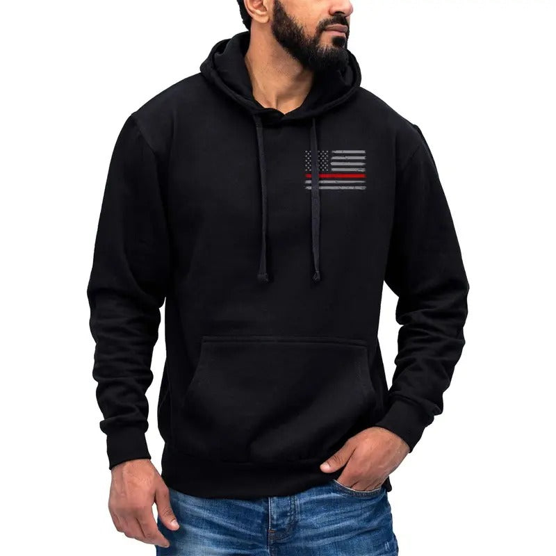 Thin Red Line Flag Left Chest Print US Firefighter Hoodie Sweatshirt Cotton Fabric T-Shirts | HypeDripTees.com
