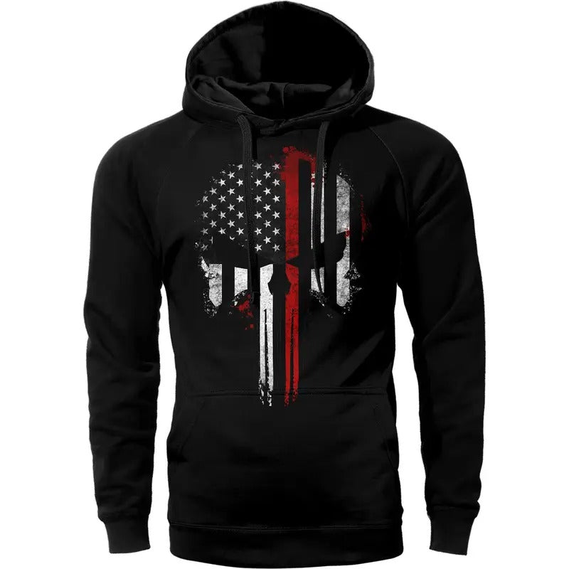 Thin Red Line Flag Skull USA Firefighter Hoodie Sweatshirt Cotton Fabric T-Shirts | HypeDripTees.com