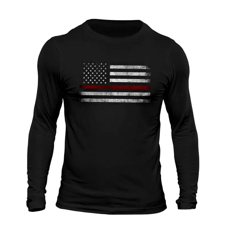 Thin Red Line Flag USA Firefighter Men's Long Sleeve T-Shirt Casual Classic Hoodie, Sweatshirt | HypeDripTees.com