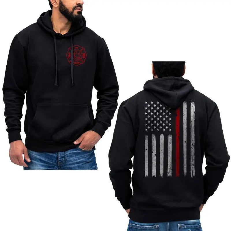 Thin Red Line Flag Vertical Brushed Design US Firefighter Hoodie Sweatshirt Cotton Fabric T-Shirts | HypeDripTees.com