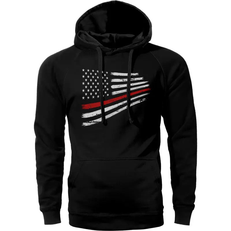 Thin Red Line Flag Warped Design USA Firefighter Hoodie Sweatshirt Cotton Fabric T-Shirts | HypeDripTees.com