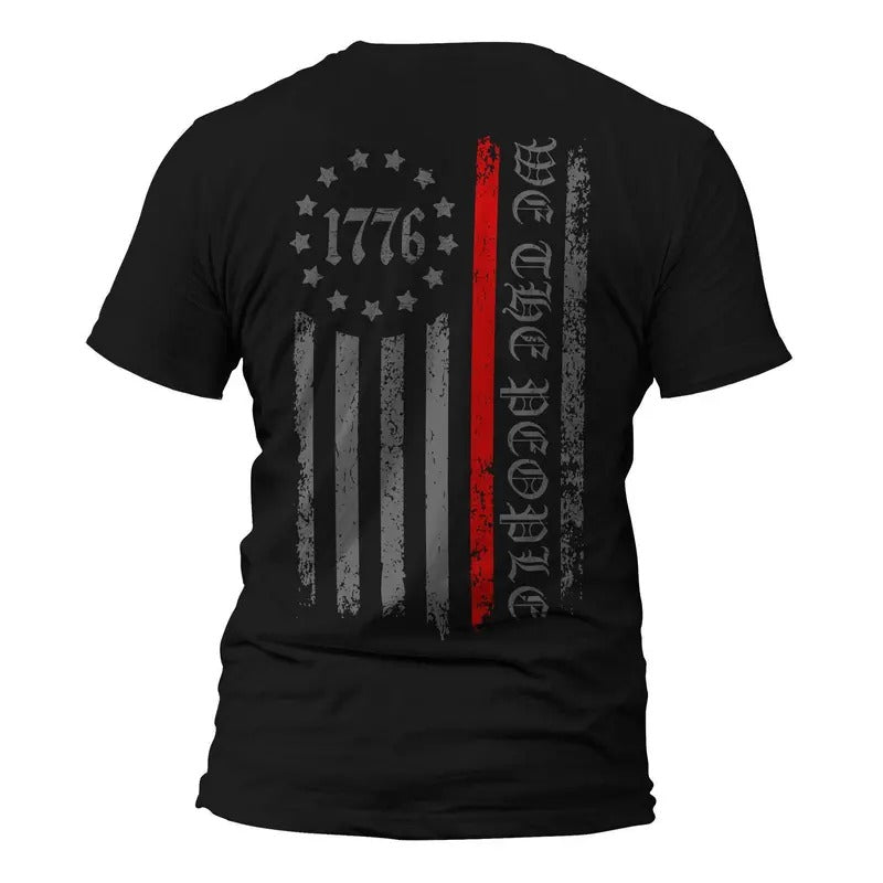 Thin Red Line Vertical Flag 1776 We The People Firefighter Back Print Men's T-Shirt Hoodie, Sweatshirt | HypeDripTees.com