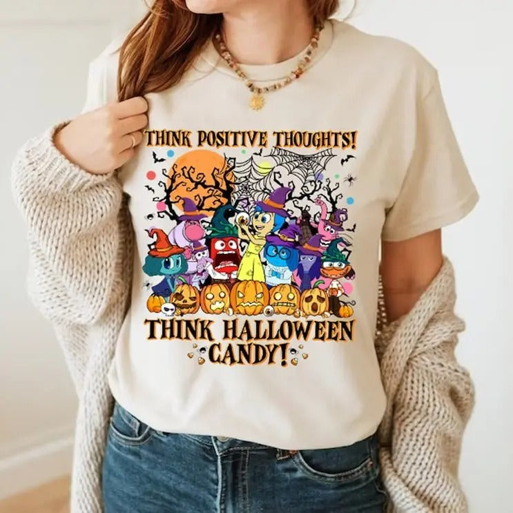 Think Positive Thoughts Think Halloween Candy Inside Out Halloween Shirt, Inside Out Movie 2024 Trick Or Treat Joy...