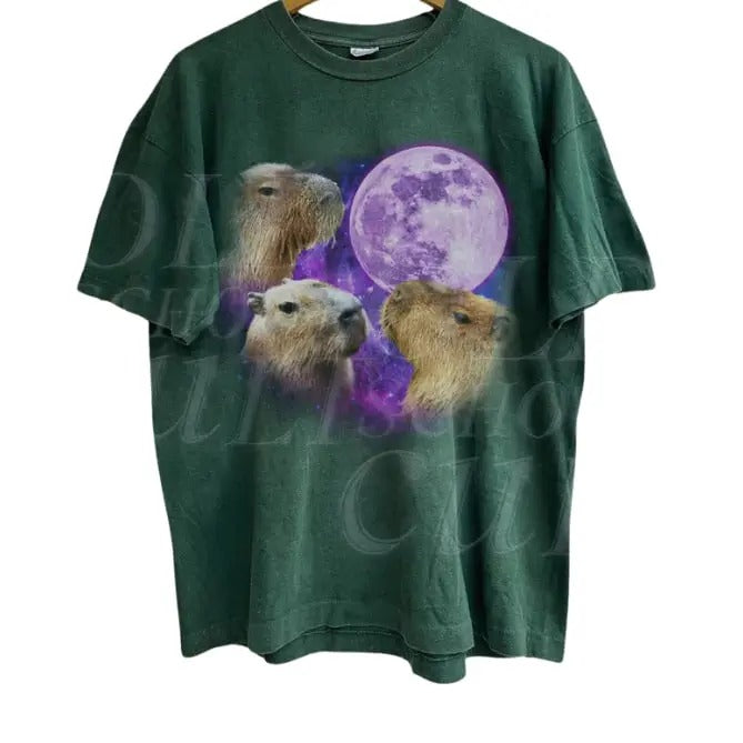 Three Capybaras Vintage Graphic T-shirts, Retro Capybara Moon Tshirt, Funny Graphic Tee, Oversized Washed Tee,Weirdcore...