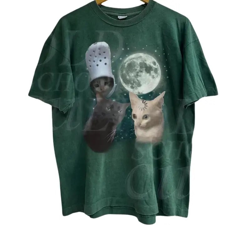 Three Cats Retro Moon Graphic T-shirts, Vintage Cat MoonMeme Tshirt, Cat Lovers, Funny Cat Tee, Washed Tee, Weird Meme T...