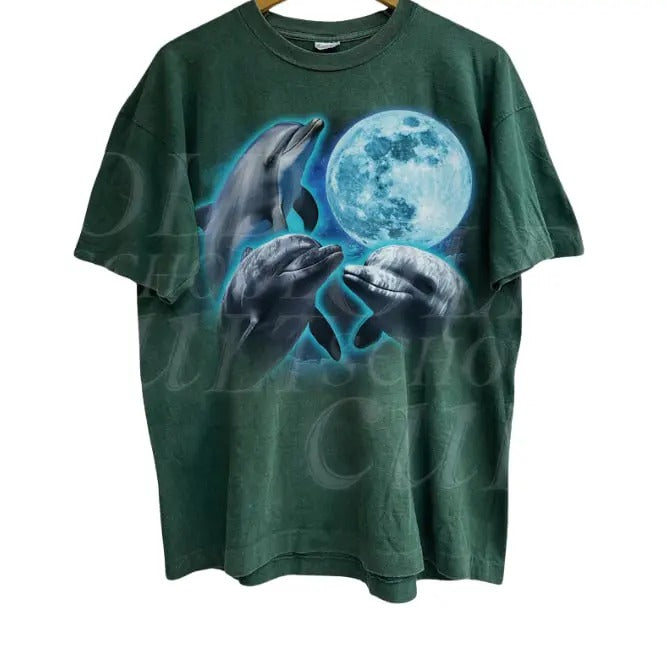 Three Dolphin Vintage Graphic T-shirts, Retro Dolphin Moon Tshirt, Ocean Sea animal Lovers, Oversized Washed Ocean Shirt,...