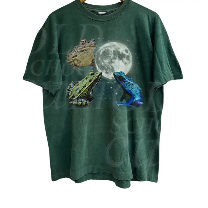 Three Frogs Vintage Graphic T-shirts, Retro Toads Moon Tshirt, Frog Lovers, Oversized Washed Adult Joke Shirt, Funny Cozy...