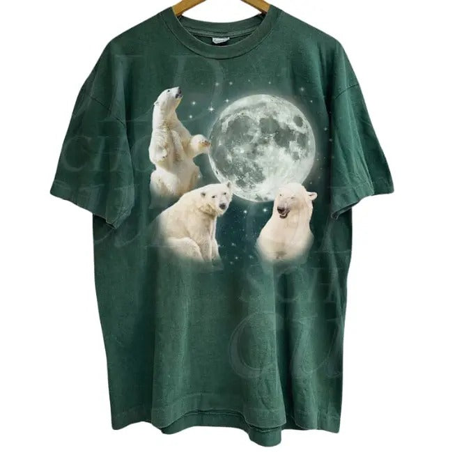 Three Polar Bears Vintage Graphic T-shirts, Retro Polar Bear Moon Tshirt, Bear Lovers, Funny Bear Tee, Oversized Washed...