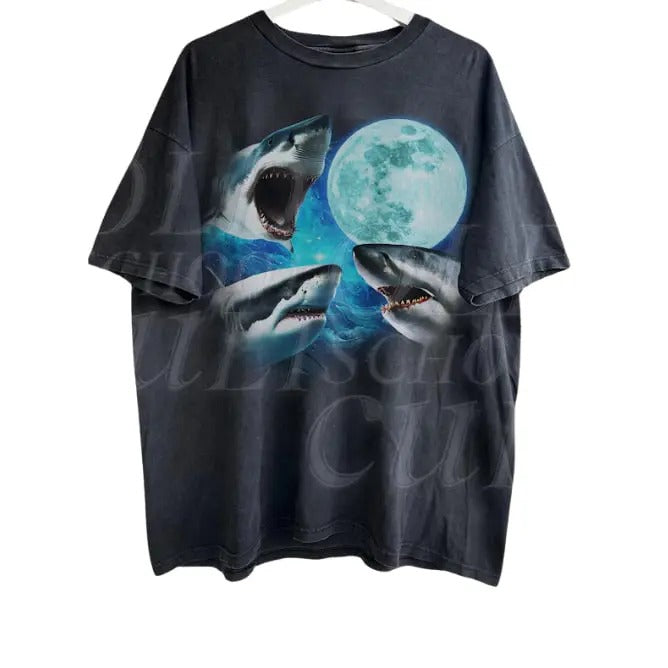 Three Sharks Vintage Graphic T-shirts, Retro Shark Moon Tshirt, Skark Ocean Lovers, Oversized Washed Tee, Weirdcore...