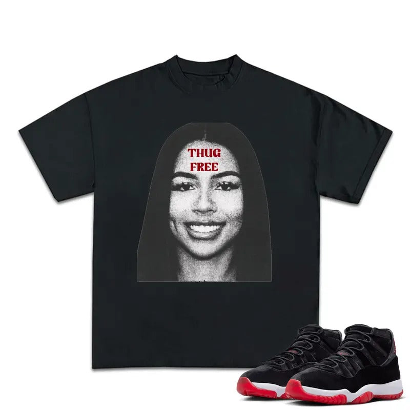 Thug Free Match 11s Bred Velvet Sneakers Outfits, Embrace Streetwear with Graphic Tee Cotton T-shirt, Y2K, Hip Hop, Rap...