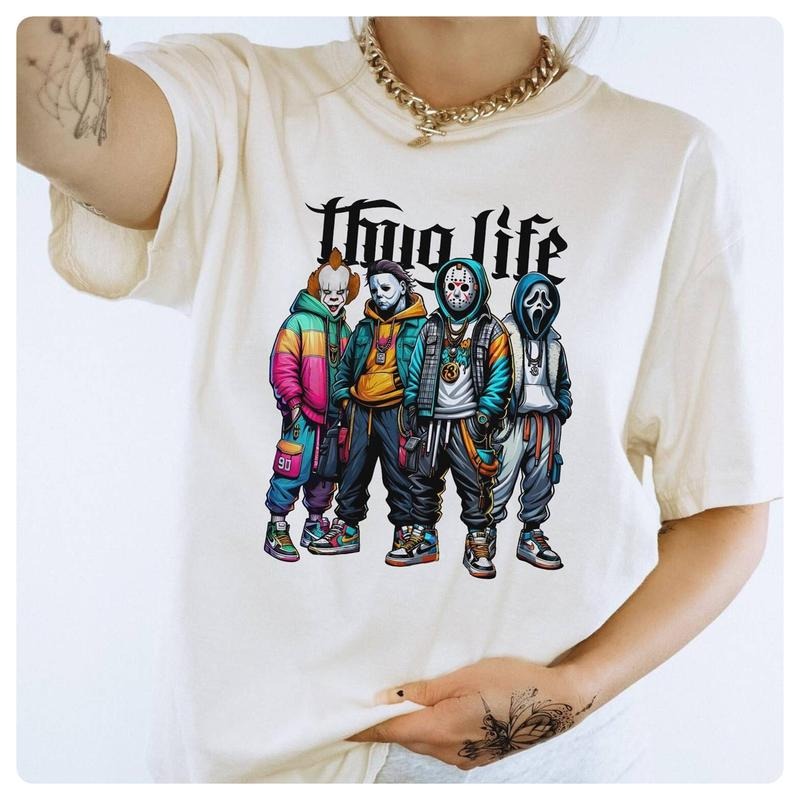 Thug Life Horror Characters Retro Shirt, Vintage Ghostface Michael Myers Halloween Shirt, Halloween Horror Movie...
