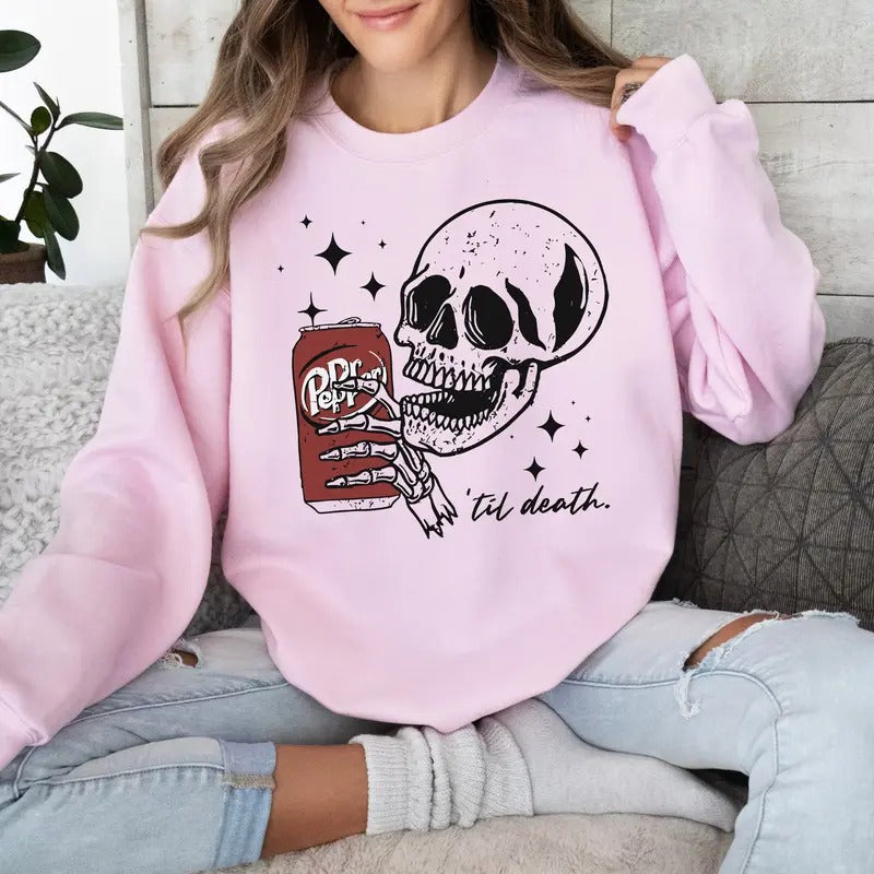 Till Death Dr. Pepper Sweatshirt, Skeleton Sweatshirt, Halloween Sweater, Cute Dr Pepper Shirt, Skeleton drinking Dr....