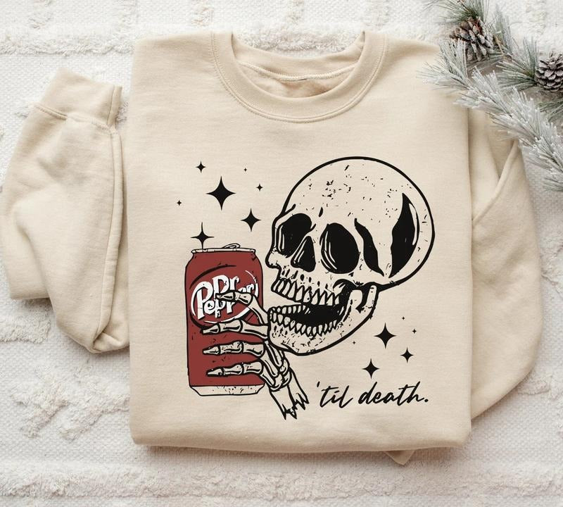Till Death Dr. Pepper Sweatshirt, Skeleton Sweatshirt, Halloween Sweater, Cute Dr Pepper Shirt, Skeleton drinking Dr....