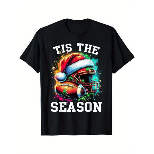 "Tis The Season Football Men's Christmas T-Shirt with Santa Hat" made in usastyle{n002}2