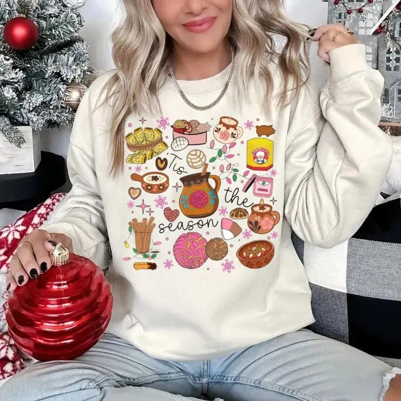 Tis The Season Tshirt Sweatshirt Hoodie, Mexican Christmas Shirt, Pan Dulce Sweatshirt, Mexican Party, Unisex Sweater...