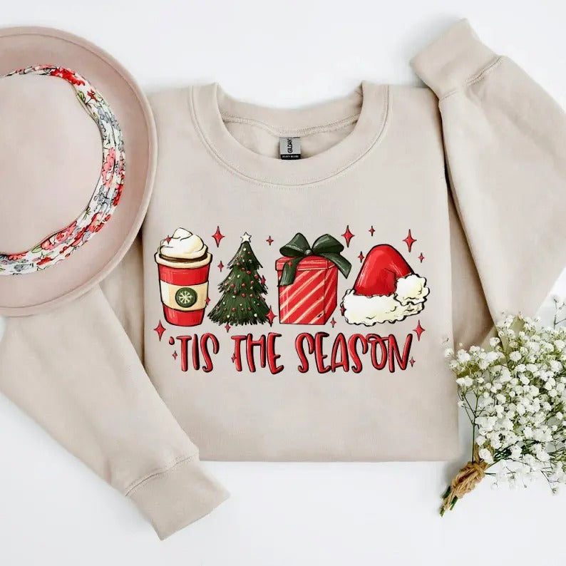 Tis the Season Christmas Sweatshirt, Christmas Coffee Shirt, Funny Christmas Crewneck Festive Holiday Tshirt Christmas...
