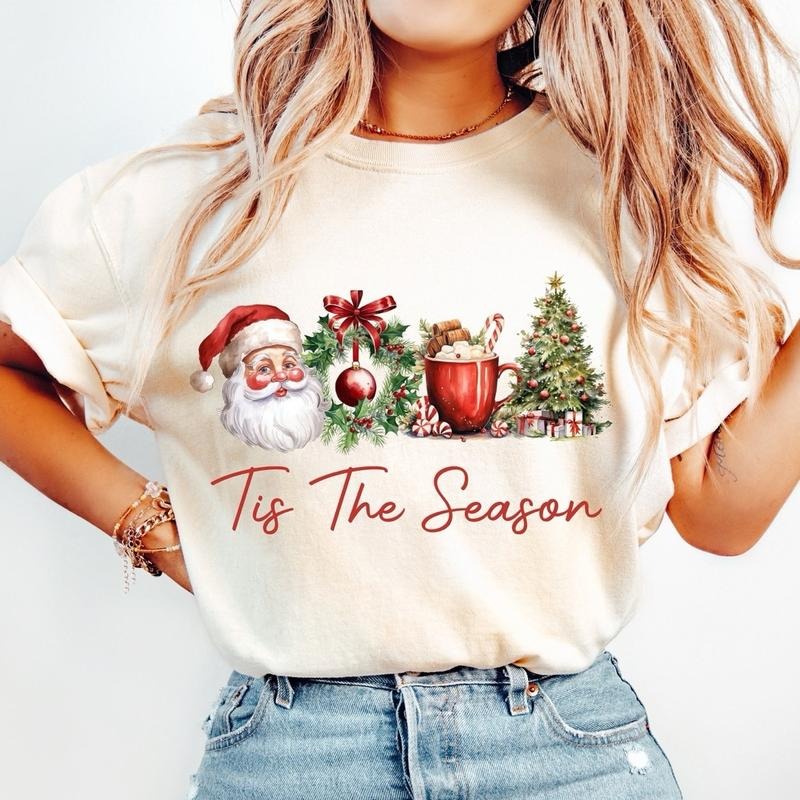 Tis the Season T-Shirt, Santa Claus Shirt, Watercolor Christmas Sweatshirt, Merry Christmas, Christmas Vibes Shirt Cotton...