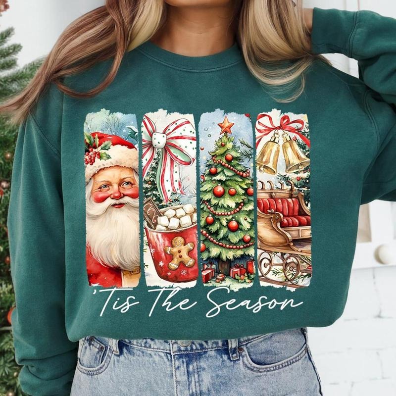 Tis the Season Vintage Christmas Santa Sweatshirt, Preppy Christmas Tree Sweatshirt, Merry Christmas Brushstroke Shirt Hoodie