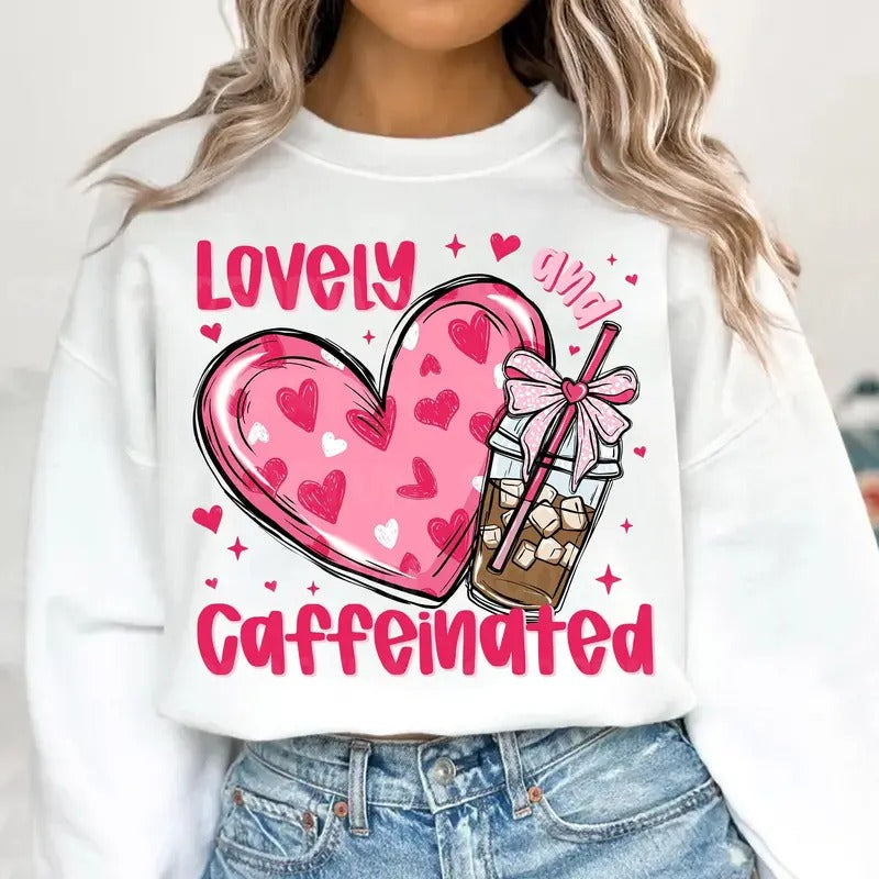 To Be Lovely & Caffeinated Sweatshirt, Valentine's Day Gifts for Her, Coffee Valentine Heart Shirt, Valentine Coquette...