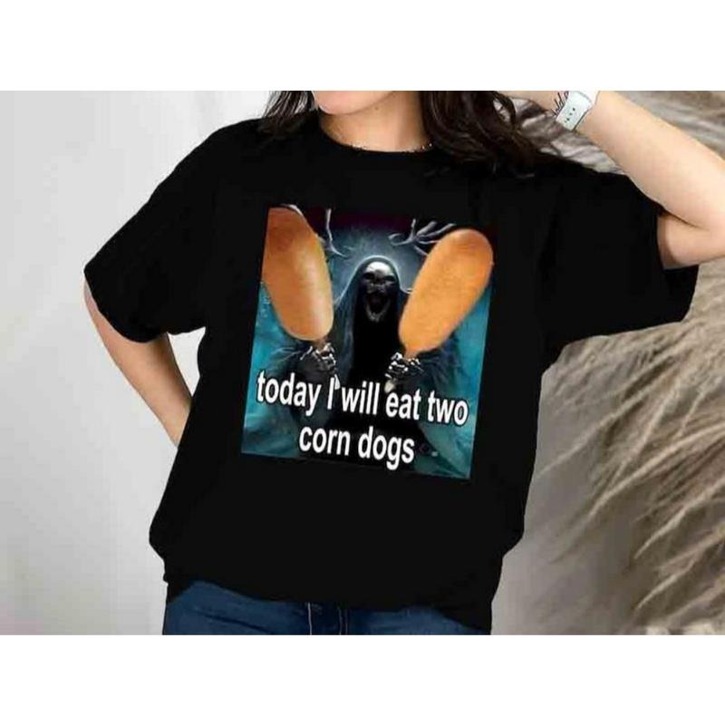 Today I Will Eat Two Corn Dogs Funny Trendy Meme T-shirt, Skeleton Corndog Meme T-Shirt, 100% Cotton, Crew Neck, Slight...