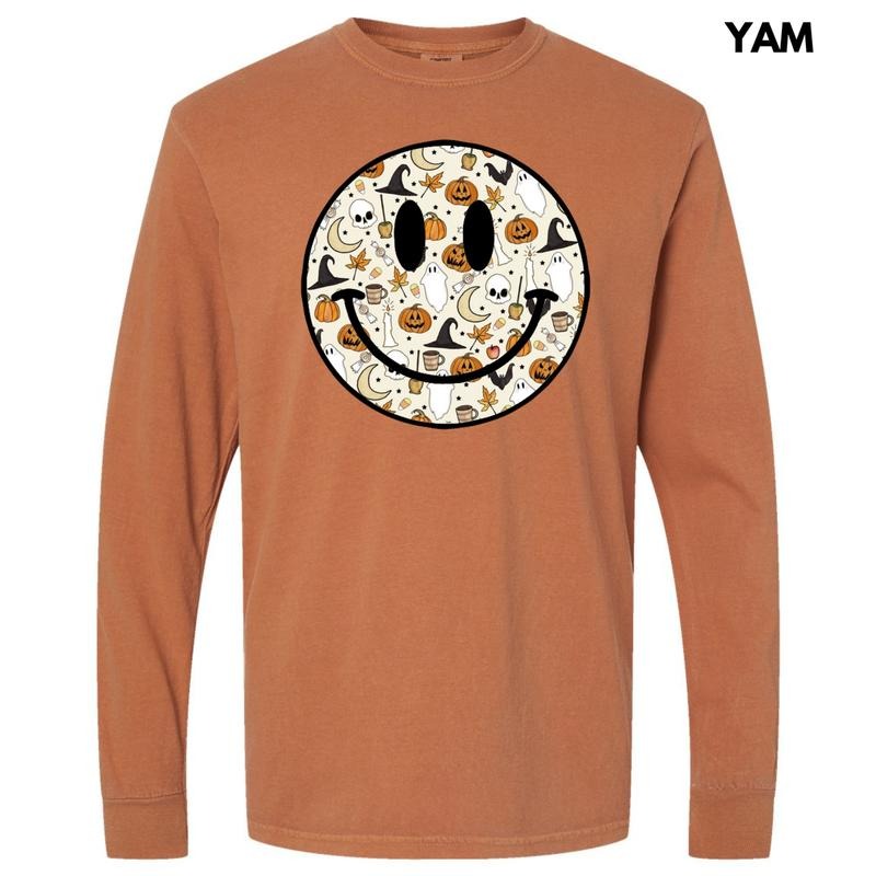 Toil & Trouble Halloween Happy Face Long Sleeve Comfort Colors T-Shirt 'NLB' Hoodie, Sweatshirt | HypeDripTees.com