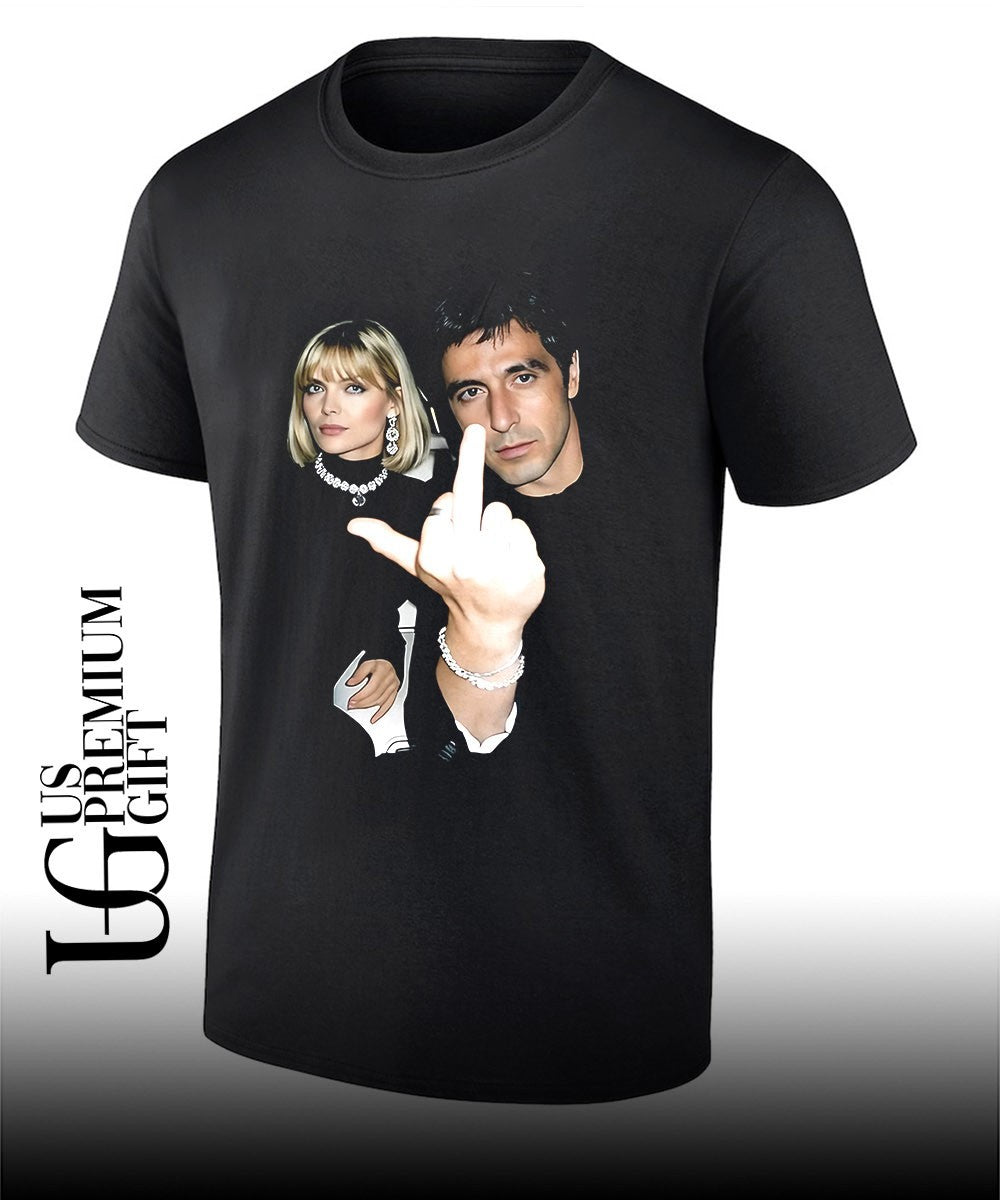 Tony Montana and Patti D’Arbanville middle finger shirt