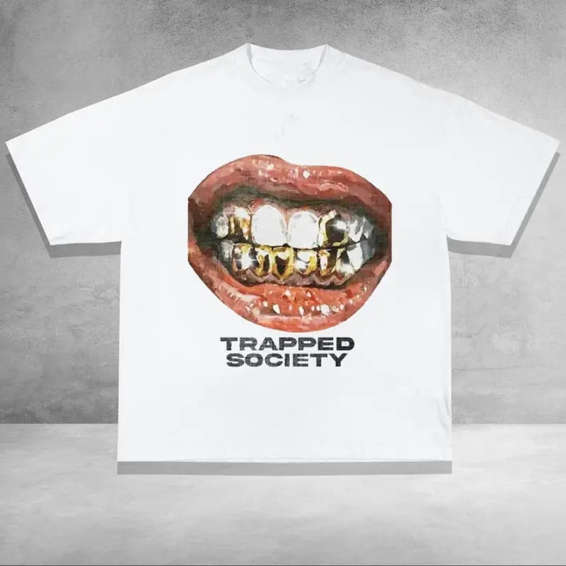 Trapped Society Big Mouth Y2k Shirt Graphic Tees Oversized Cotton Fabric Top Streetwear Hoodie, Sweatshirt | HypeDripTees.com