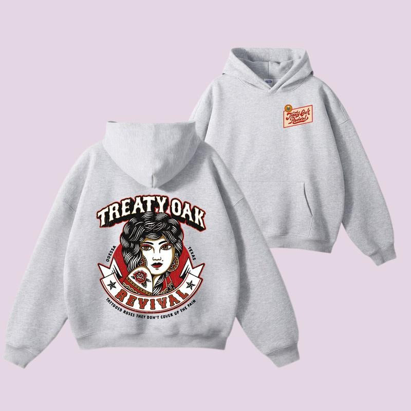 Treaty Oak Revival 2-Sides Hoodie, Rose Tattoo for Outfitters and Casual Wear Music Lovers and Fans Hooded Pullover Cotton Menswear Oversized
