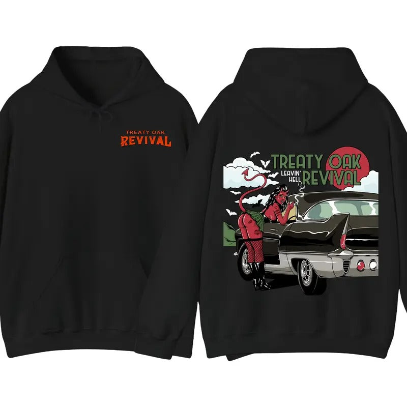 Treaty Oak Revival Graphic Hoodie, Devil Girl with Classic Car Concert Unisex Hoodies, Country Music Men's Tops, Southern...
