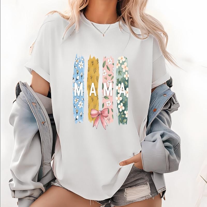Trending Tee: Stylish "MAMA" Graphic Shirt with Colorful Floral Stripes and Bow Accent Hoodie, Sweatshirt | HypeDripTees.com