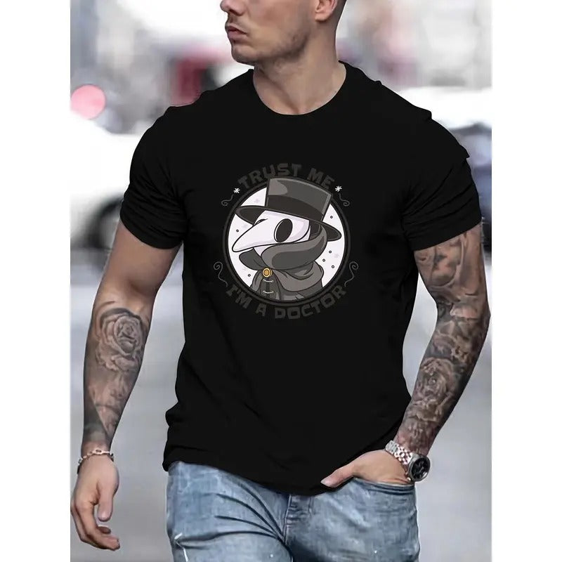 Trendy Cool Crew Neck Tees For Men, Casual Bird Doctor Print T-Shirt, Short Sleeve T-shirt For Summer And Spring Made in...