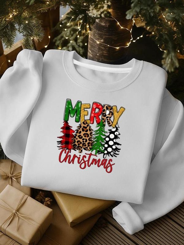 Trendy Fashion Christmas Tree Print Sweatshirt, Casual Fall & Winter Round Neck Pullover, Thick Fitted Women's Jumper...