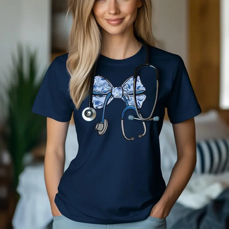 Trendy Nurse Essential Cute Floral Stethoscope Bow Nurse Ribbon T-Shirt Casual Comfort Hoodie, Sweatshirt | HypeDripTees.com