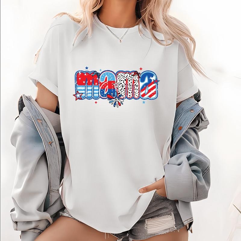Trendy Patriotic T - Shirt for Moms, Showcasing "mama" in Bold, American - Flag