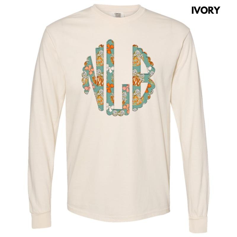 Trendy Pumpkin & Bow Monogram Long Sleeve Comfort Colors T-Shirt 'NLB' Hoodie, Sweatshirt | HypeDripTees.com