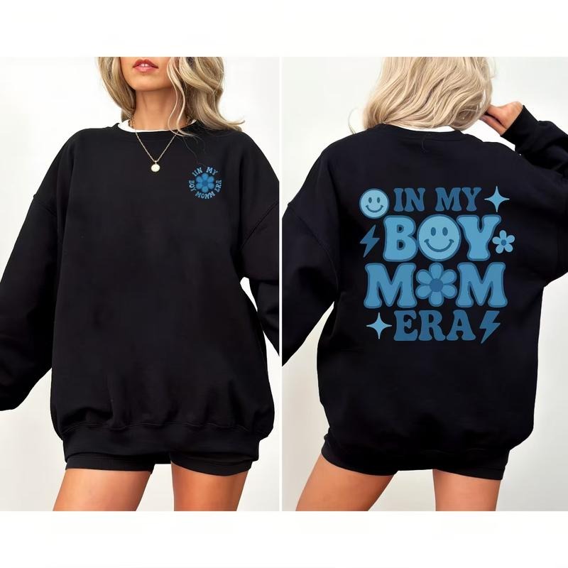 Trendy Round - neck Sweatshirt with "In My Boy Mom Era" Theme and Small Front Logo T-Shirts, Hoodie | HypeDripTees.com