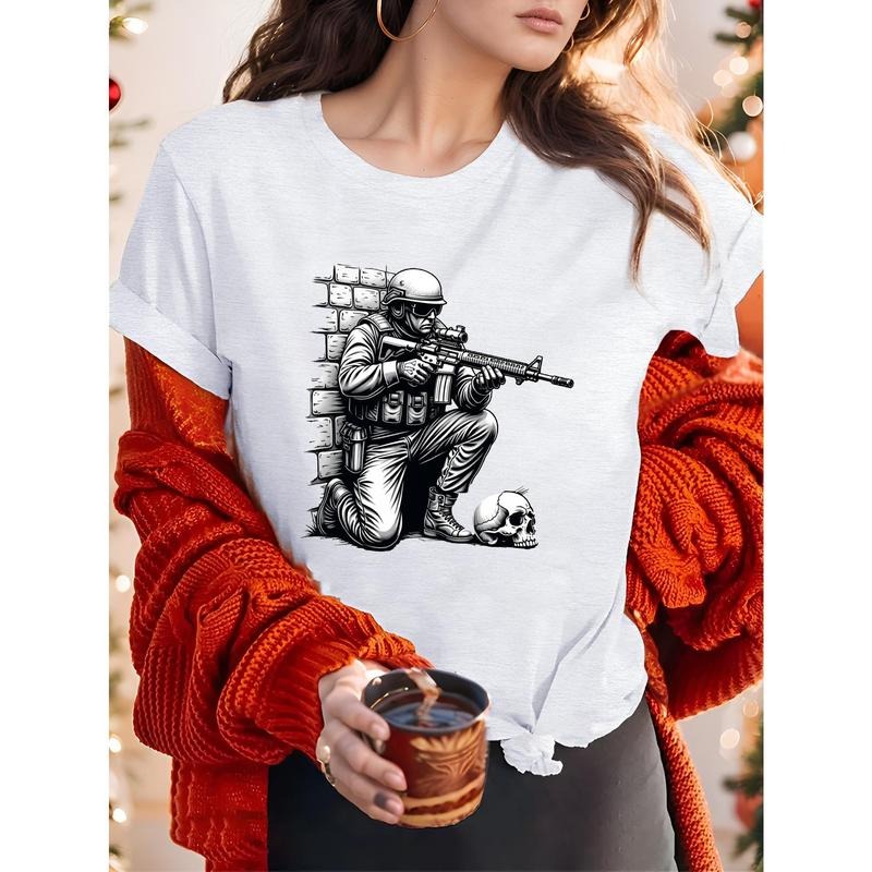 Trendy T - Shirt Displaying a Detailed Soldier Kneeling with a Weapon, Next to a Skull, for an Edgy Look Hoodie,...