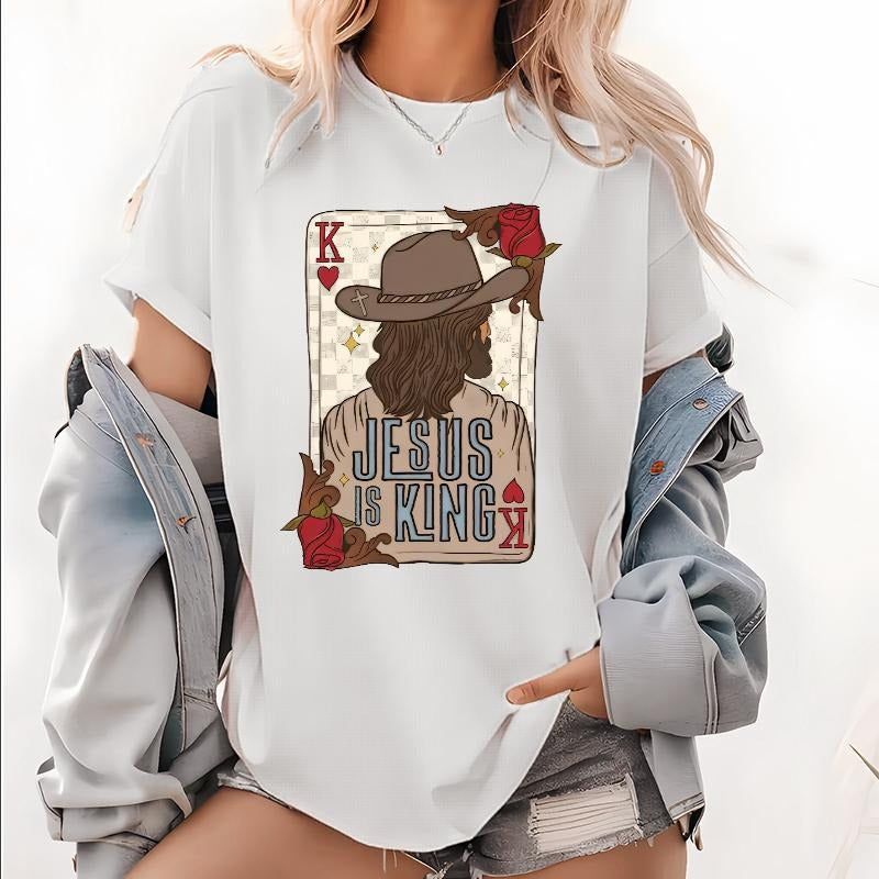 Trendy T - Shirt with Bold Statement "Jesus is King" in Playing - Card