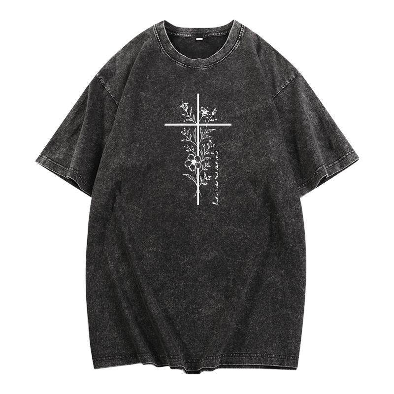 Trendy Washed Minimalist Faith - themed Tee: Rock a Simple yet Profound Cross and Floral Design on a Washed T