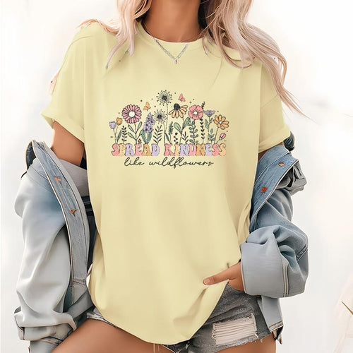 "Trendy Women's T - Shirt with an Inspiring Message, Showcasing Colorful Wildflowers and a Heart