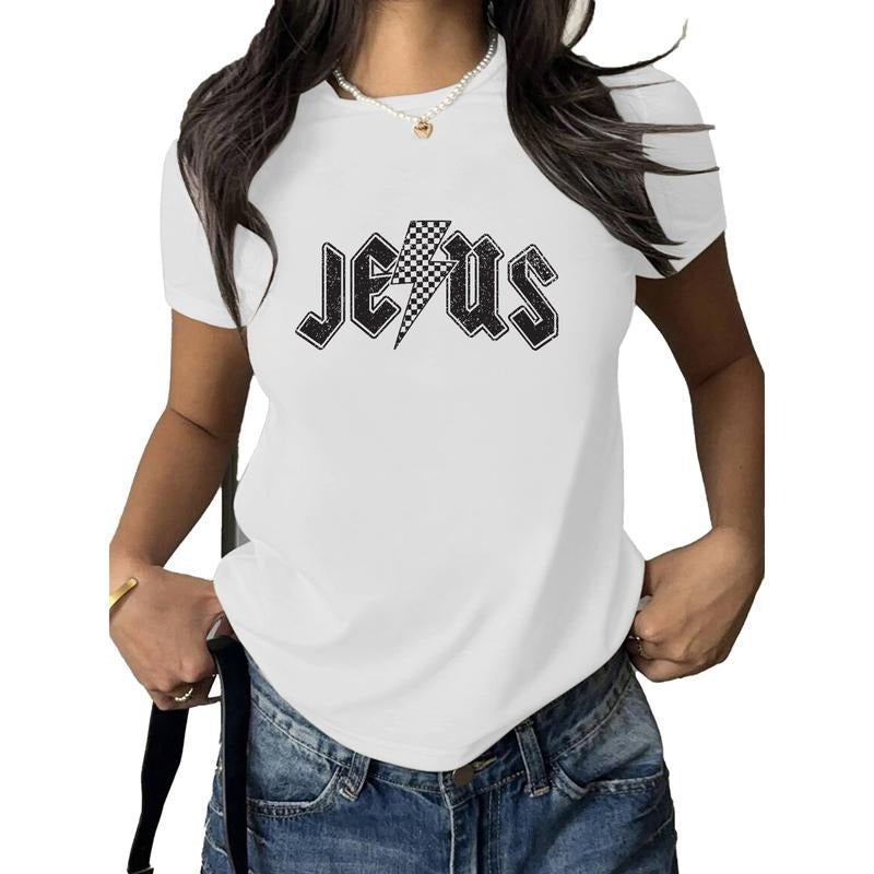 Trendy Women's White T - Shirt with Edgy "JESUS" Text Design and Lightning Bolt Accent Hoodie, Sweatshirt | HypeDripTees.com