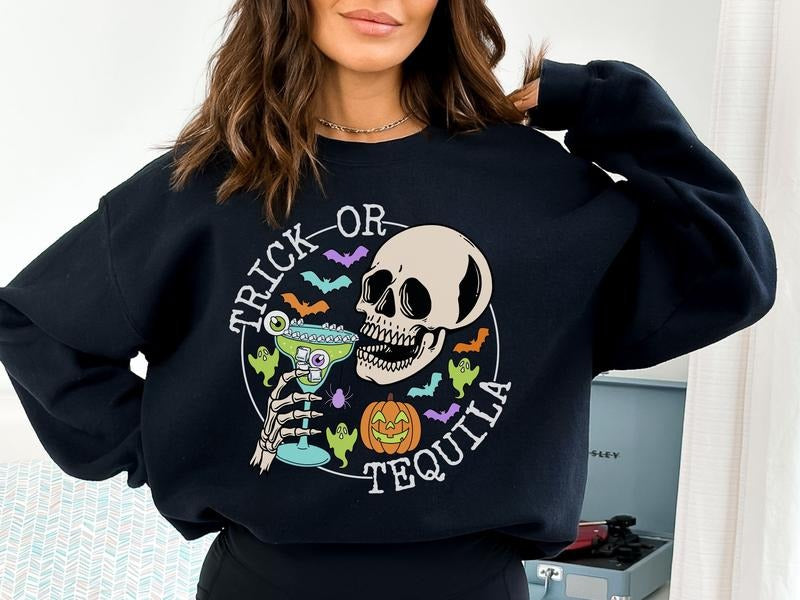 Trick or Tequila Skeleton Halloween Sweatshirt, Unisex Gildan Halloween Sweatshirt with Skull, Funny Drinking Sweatshirt...