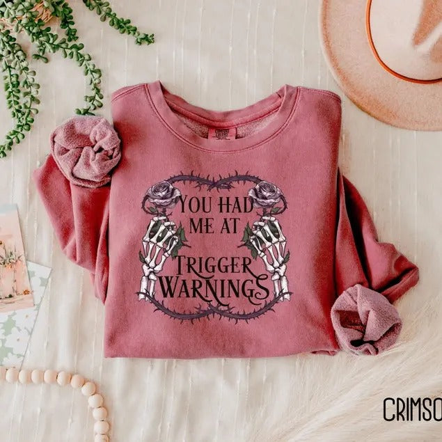 Trigger Warnings Bookish Merch Sweatshirt, T-shirt, Hoodie, Book Lover Gift, Booktok Skeleton Shirt Merch, Dark Romance...