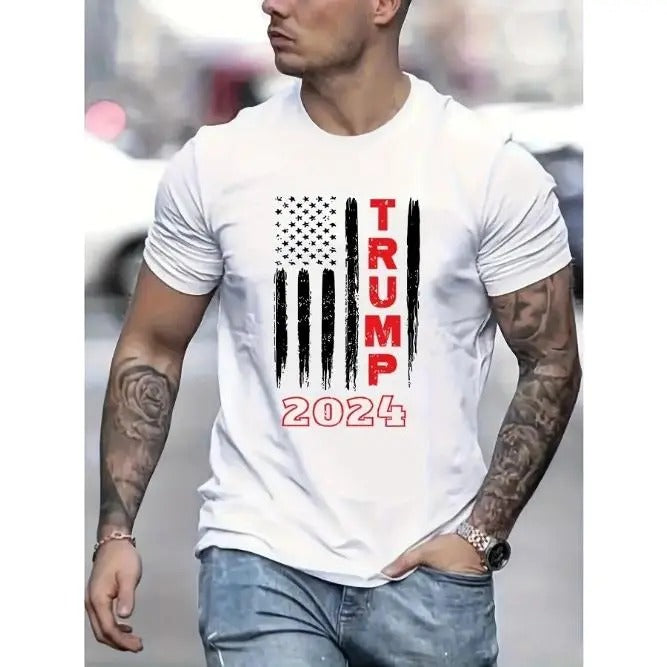 "Trump 2024" graphic print men's crew neck short sleeve cotton T-shirt, casual summer T-shirt for daily wear and vacation resorts Made in USA