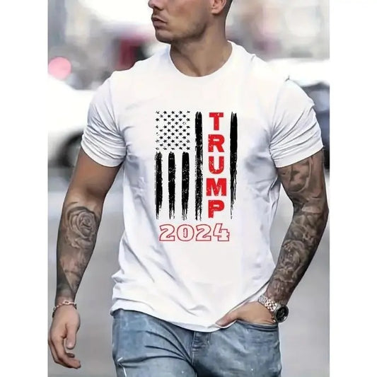 "Trump 2024" graphic print men's crew neck short sleeve cotton T-shirt, casual summer T-shirt for daily wear and vacation resorts Made in USA
