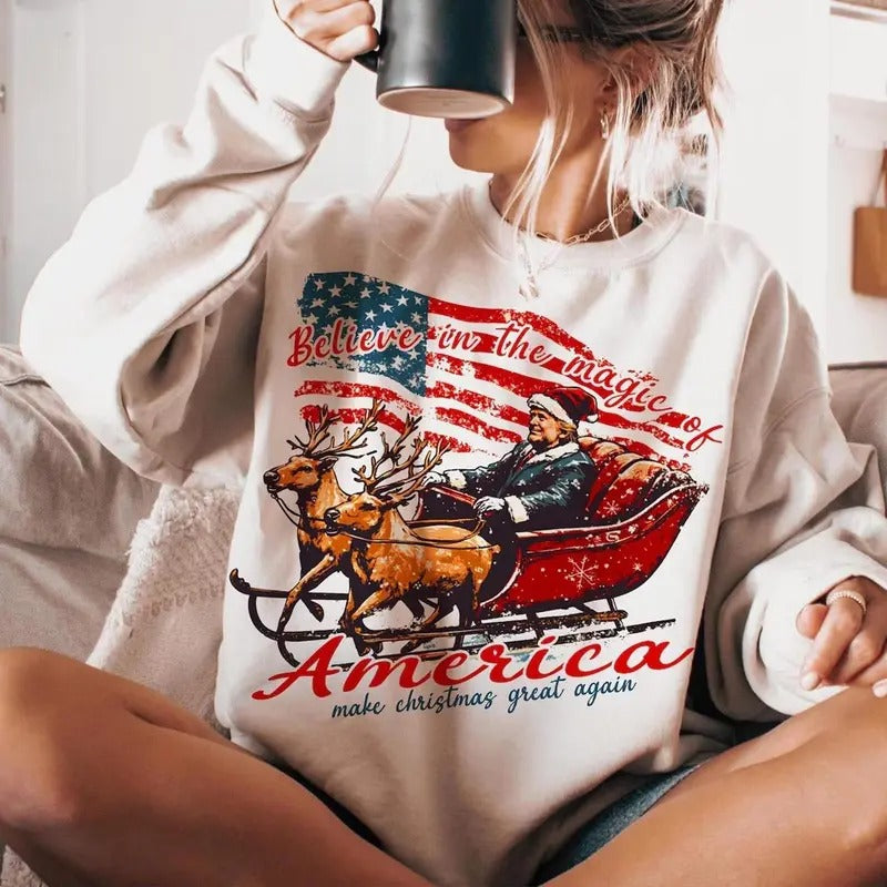 Trump Believe in the Magic of American Sweatshirt, Humorous Trump Christmas T-Shirt, Trump Santa Claus Sweater, Trump...
