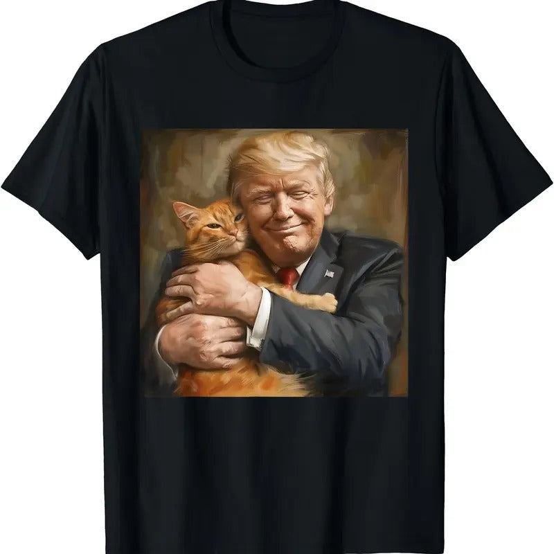 Trump Hugging an Orange Cat 2024 T-Shirt | Unisex Cotton Tee Gift | Full Size Hoodie, Sweatshirt | HypeDripTees.com